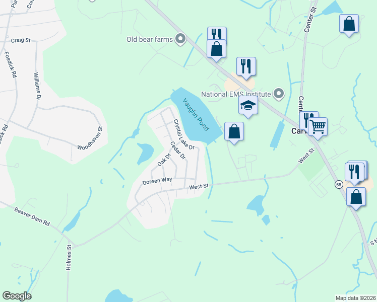 map of restaurants, bars, coffee shops, grocery stores, and more near 46A Crystal Lake Drive in Carver