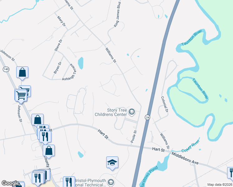 map of restaurants, bars, coffee shops, grocery stores, and more near 62 Ridgewood Drive in Taunton