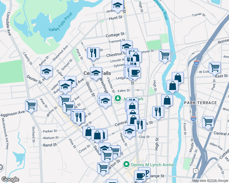map of restaurants, bars, coffee shops, grocery stores, and more near 77 Fales Street in Central Falls