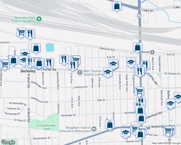 map of restaurants, bars, coffee shops, grocery stores, and more near 4807 Saint Charles Road in Bellwood