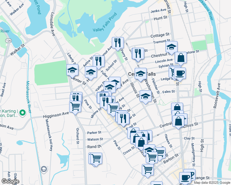 map of restaurants, bars, coffee shops, grocery stores, and more near 150 Fuller Avenue in Central Falls