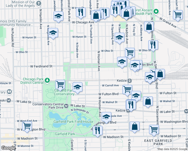 map of restaurants, bars, coffee shops, grocery stores, and more near 424 North Trumbull Avenue in Chicago