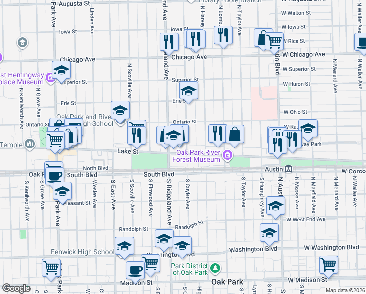 map of restaurants, bars, coffee shops, grocery stores, and more near 131 North Cuyler Avenue in Oak Park
