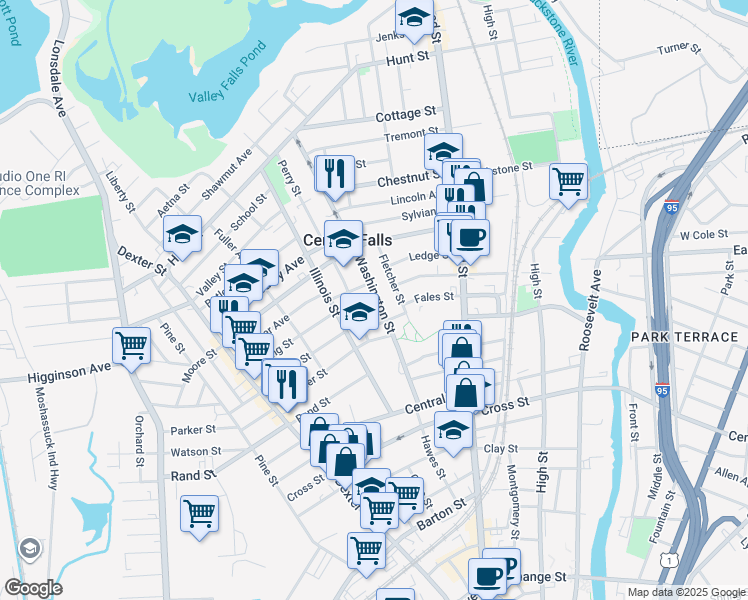 map of restaurants, bars, coffee shops, grocery stores, and more near 86 Washington Street in Central Falls