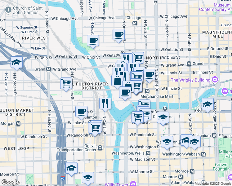 map of restaurants, bars, coffee shops, grocery stores, and more near 406 West Kinzie Street in Chicago