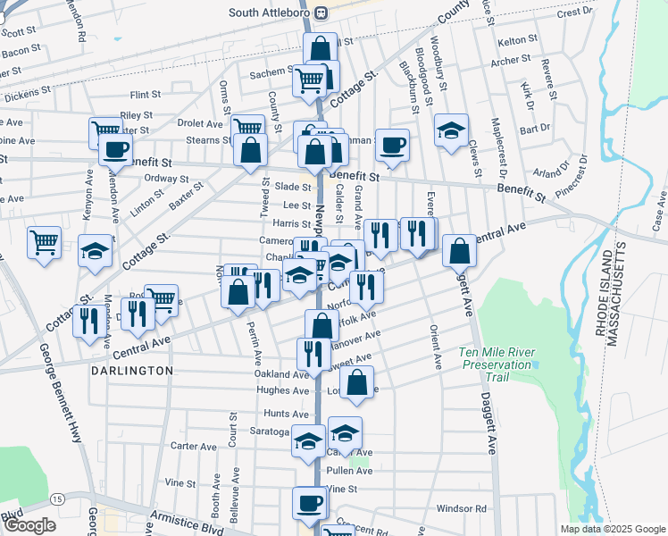map of restaurants, bars, coffee shops, grocery stores, and more near 14 Calder Street in Pawtucket