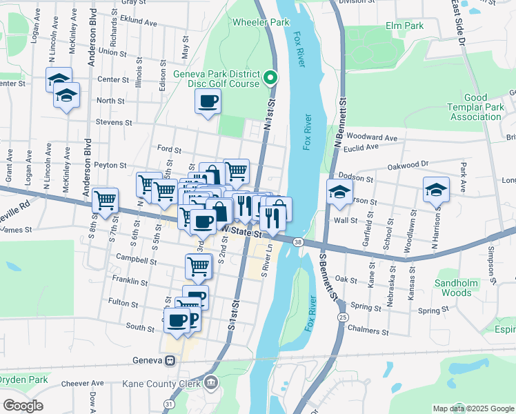 map of restaurants, bars, coffee shops, grocery stores, and more near 112 North 1st Street in Geneva