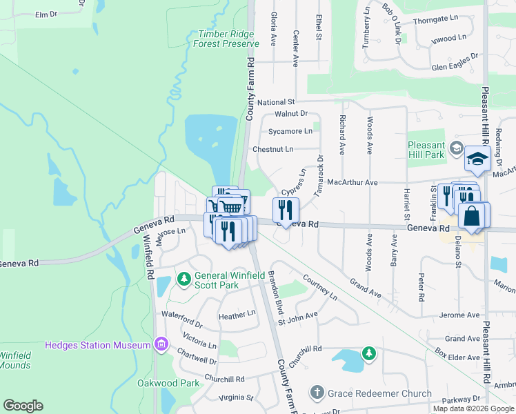 map of restaurants, bars, coffee shops, grocery stores, and more near 141 County Farm Road in Winfield