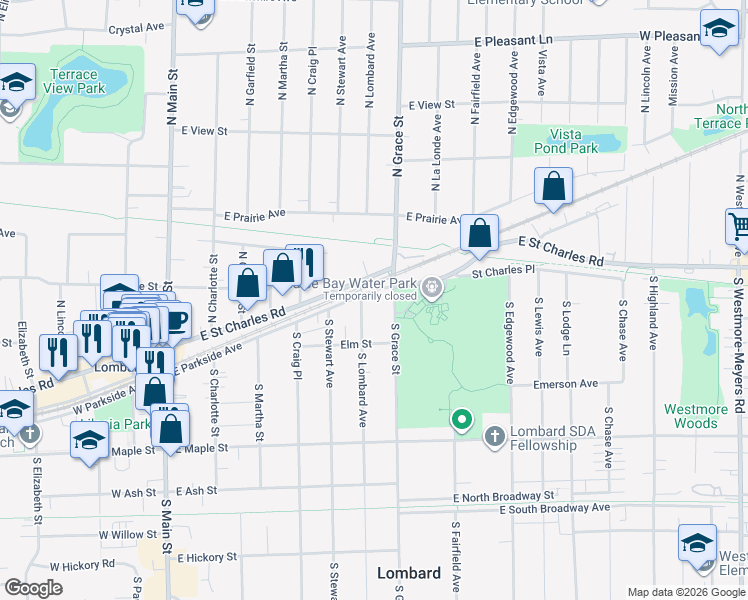 map of restaurants, bars, coffee shops, grocery stores, and more near 343 East Parkside Avenue in Lombard