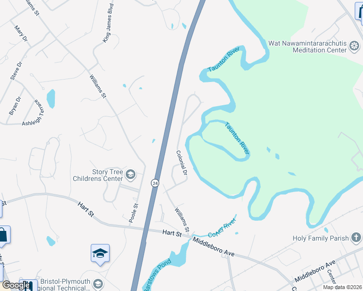 map of restaurants, bars, coffee shops, grocery stores, and more near 41 Paul Revere Terrace in Taunton