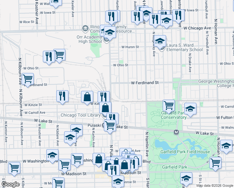 map of restaurants, bars, coffee shops, grocery stores, and more near 435 North Harding Avenue in Chicago