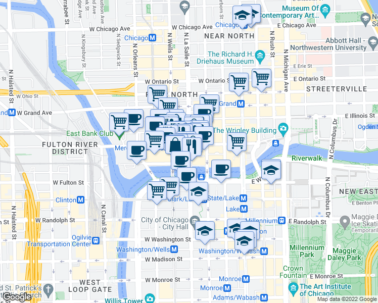 map of restaurants, bars, coffee shops, grocery stores, and more near 300 North La Salle Street in Chicago