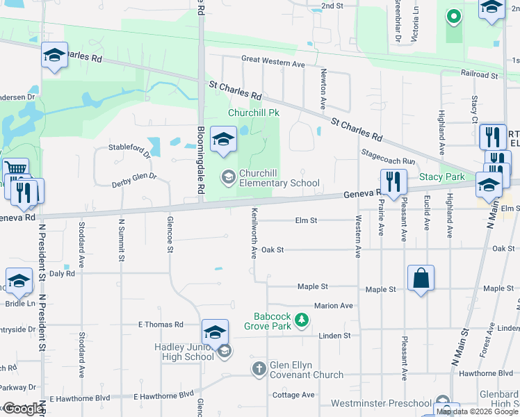 map of restaurants, bars, coffee shops, grocery stores, and more near 277 Geneva Road in Glen Ellyn
