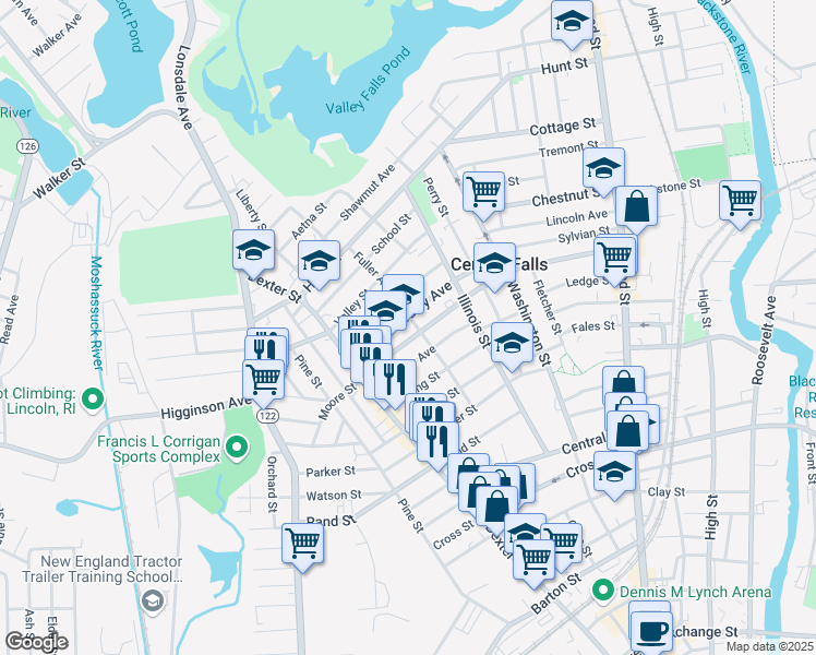 map of restaurants, bars, coffee shops, grocery stores, and more near 150 Fuller Avenue in Central Falls