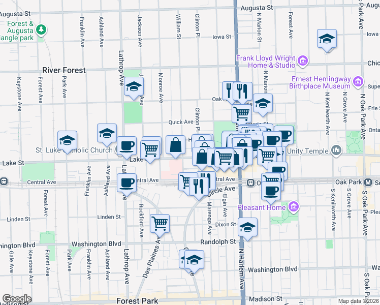 map of restaurants, bars, coffee shops, grocery stores, and more near 7344 Lake Street in River Forest