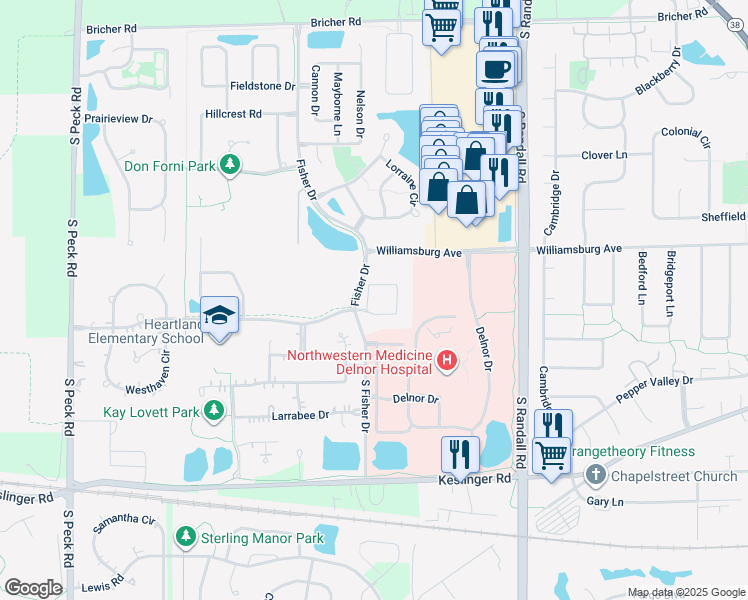 map of restaurants, bars, coffee shops, grocery stores, and more near 2676 Stone Circle in Geneva