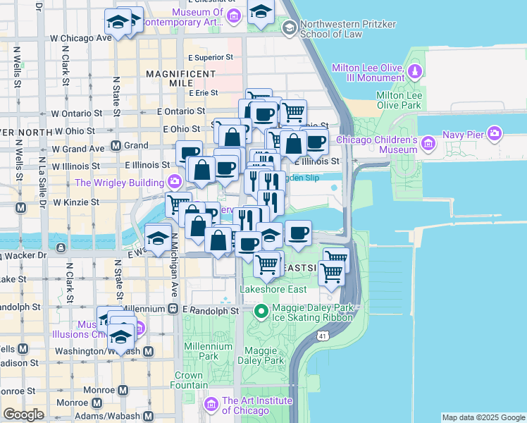 map of restaurants, bars, coffee shops, grocery stores, and more near River Esplanade in Chicago