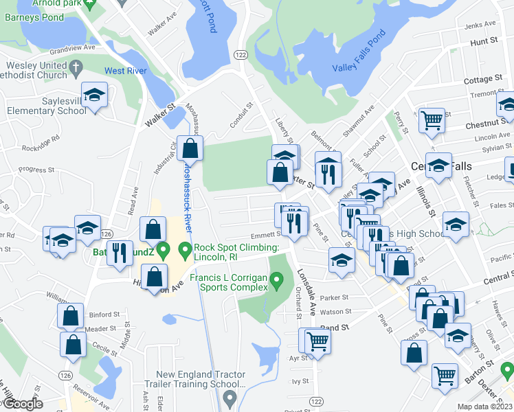 map of restaurants, bars, coffee shops, grocery stores, and more near 57 Cleveland Street in Central Falls