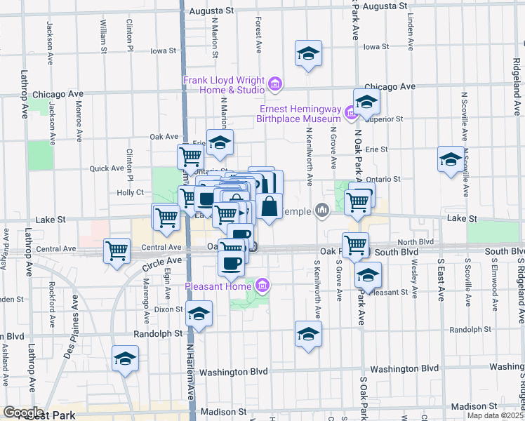 map of restaurants, bars, coffee shops, grocery stores, and more near 1010 Lake Street in Oak Park