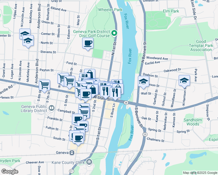 map of restaurants, bars, coffee shops, grocery stores, and more near 112 North 1st Street in Geneva