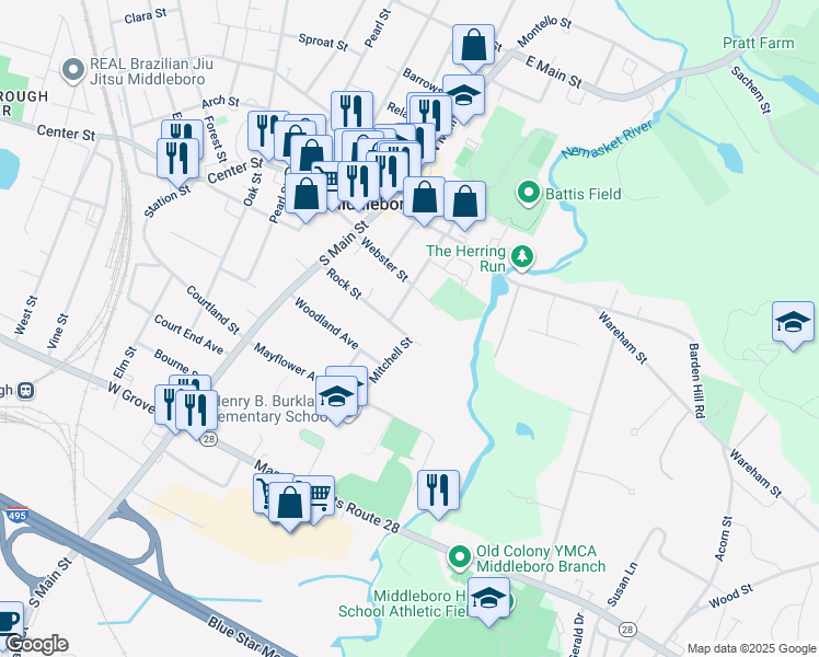 map of restaurants, bars, coffee shops, grocery stores, and more near 34 Rock Street in Middleborough