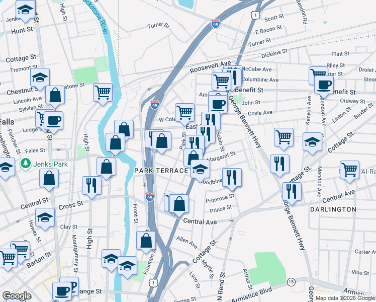 map of restaurants, bars, coffee shops, grocery stores, and more near 46 Lilac Street in Pawtucket