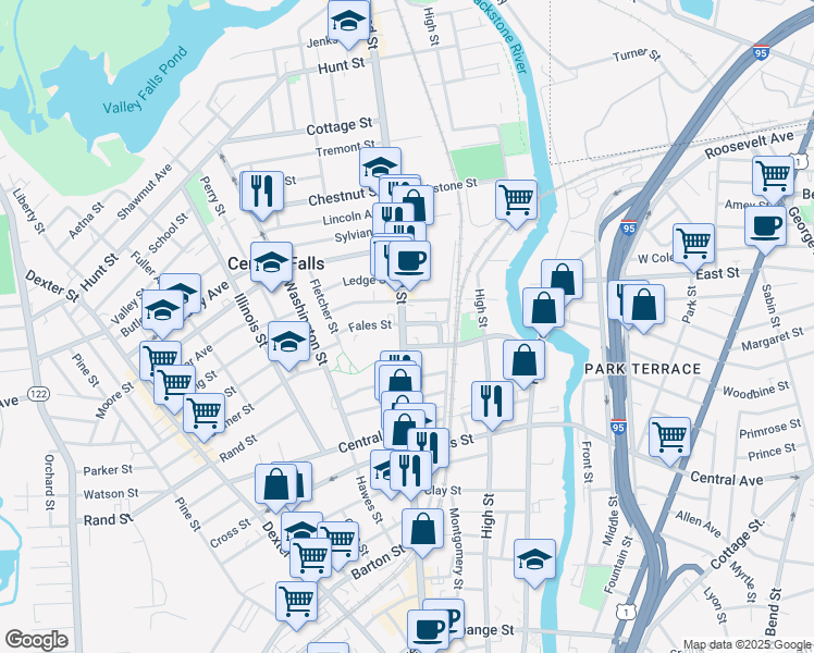 map of restaurants, bars, coffee shops, grocery stores, and more near 13 Fales Street in Central Falls