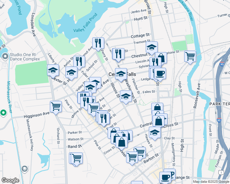 map of restaurants, bars, coffee shops, grocery stores, and more near 250 Cowden Street in Central Falls