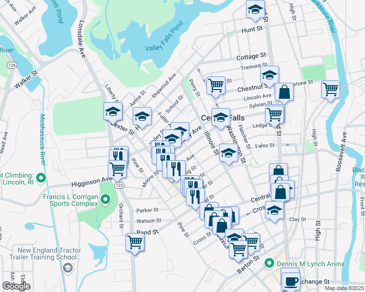 map of restaurants, bars, coffee shops, grocery stores, and more near 120 Hedley Avenue in Central Falls