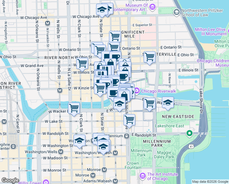 map of restaurants, bars, coffee shops, grocery stores, and more near 1782 East Kinzie Street in Chicago