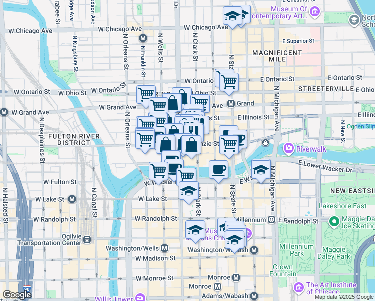 map of restaurants, bars, coffee shops, grocery stores, and more near 113 West Kinzie Street in Chicago