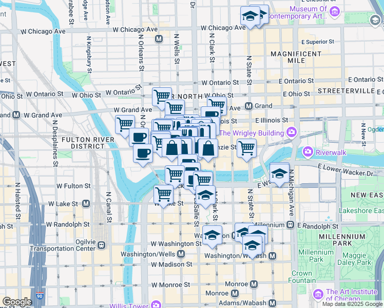 map of restaurants, bars, coffee shops, grocery stores, and more near 300 North La Salle Street in Chicago