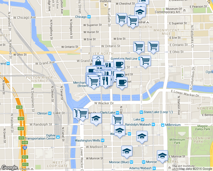 map of restaurants, bars, coffee shops, grocery stores, and more near 300 North La Salle Street in Chicago
