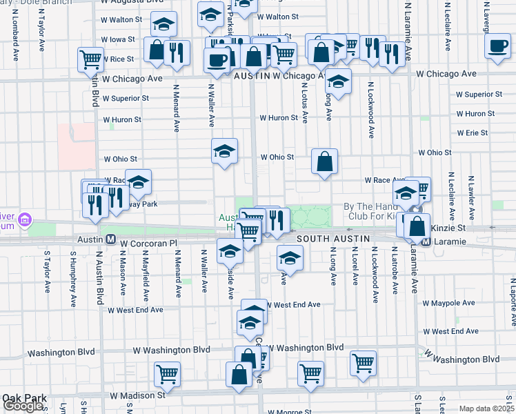 map of restaurants, bars, coffee shops, grocery stores, and more near 447 North Central Avenue in Chicago
