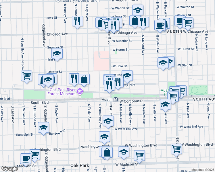 map of restaurants, bars, coffee shops, grocery stores, and more near 444 North Austin Boulevard in Oak Park