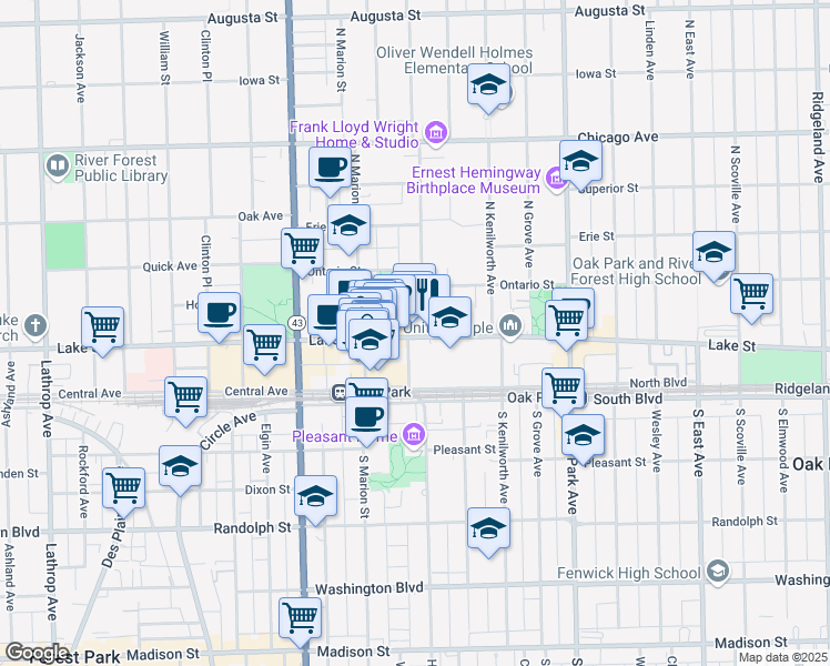 map of restaurants, bars, coffee shops, grocery stores, and more near 1010 Lake Street in Oak Park