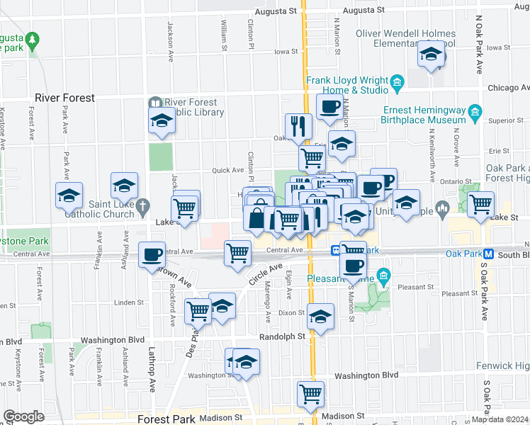 map of restaurants, bars, coffee shops, grocery stores, and more near Bonnie Brae in River Forest