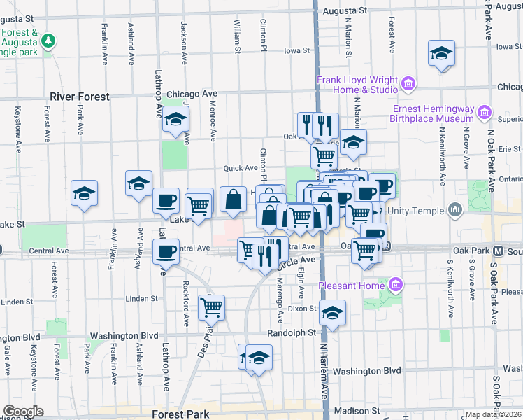 map of restaurants, bars, coffee shops, grocery stores, and more near 7348 Lake Street in River Forest