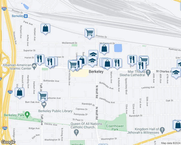 map of restaurants, bars, coffee shops, grocery stores, and more near 5425 Saint Charles Road in Berkeley