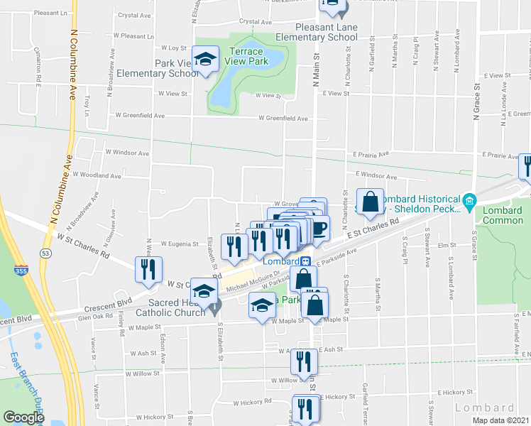 map of restaurants, bars, coffee shops, grocery stores, and more near 129 West Grove Street in Lombard