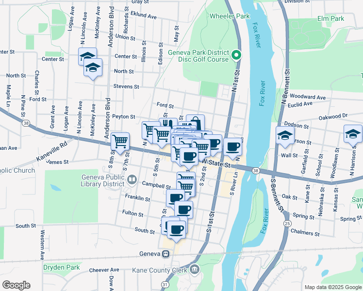 map of restaurants, bars, coffee shops, grocery stores, and more near 30 North 3rd Street in Geneva