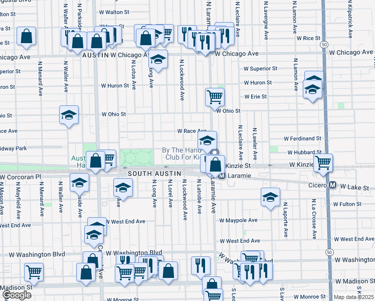 map of restaurants, bars, coffee shops, grocery stores, and more near 5255 West Ferdinand Street in Chicago