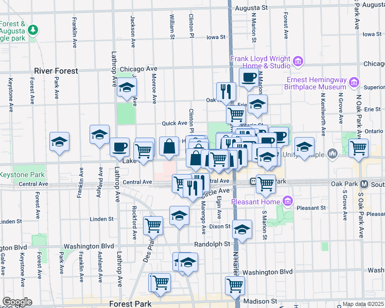 map of restaurants, bars, coffee shops, grocery stores, and more near 7348 Lake Street in River Forest