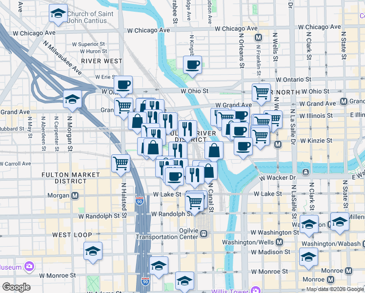 map of restaurants, bars, coffee shops, grocery stores, and more near 555 West Kinzie Street in Chicago