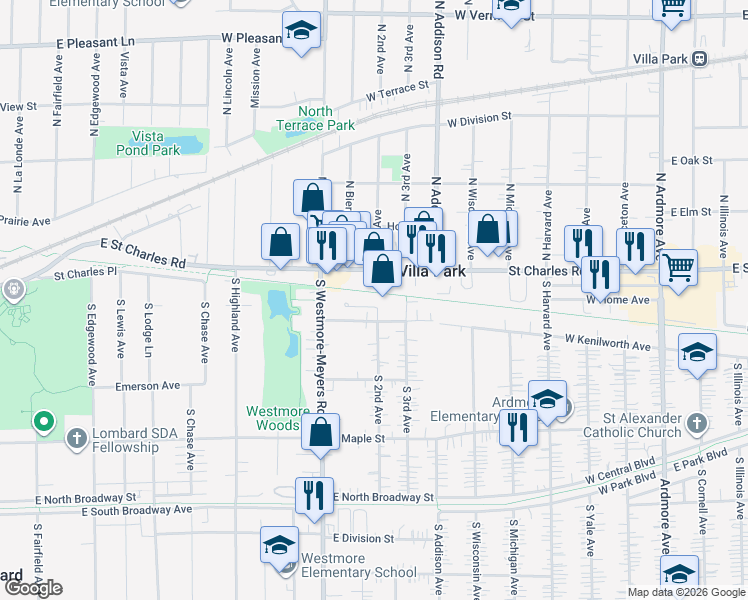 map of restaurants, bars, coffee shops, grocery stores, and more near 20 Kenilworth Court in Lombard