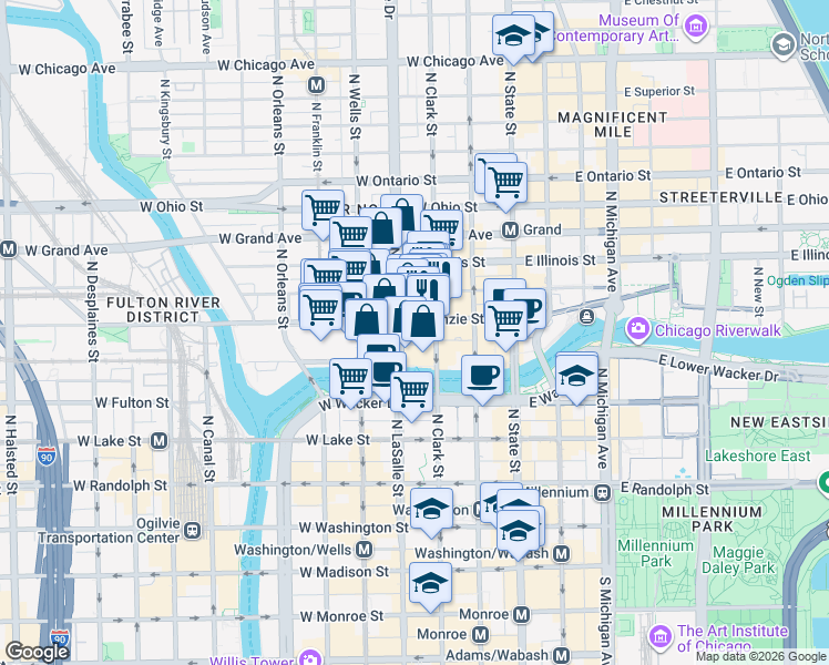map of restaurants, bars, coffee shops, grocery stores, and more near 345 North La Salle Drive in Chicago
