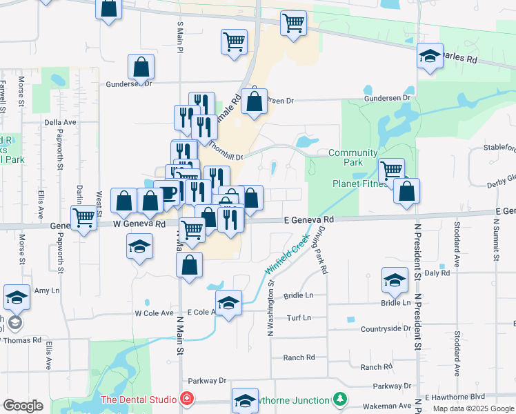 map of restaurants, bars, coffee shops, grocery stores, and more near 545 Belmont Lane in Carol Stream