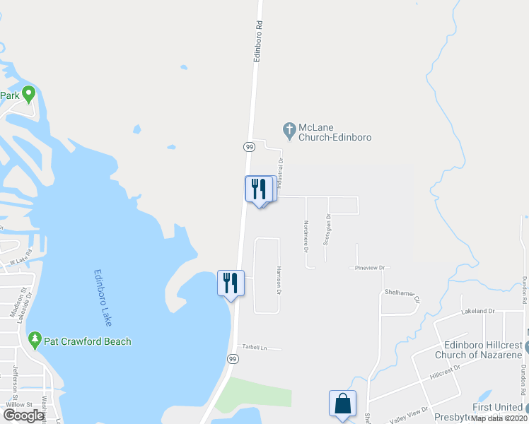 map of restaurants, bars, coffee shops, grocery stores, and more near 606 Erie Street in Edinboro
