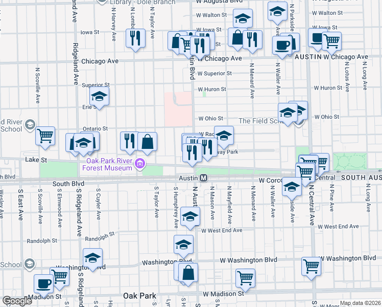 map of restaurants, bars, coffee shops, grocery stores, and more near 444 North Austin Boulevard in Oak Park
