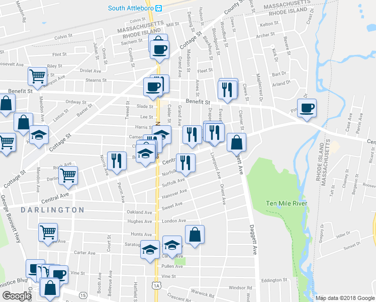 map of restaurants, bars, coffee shops, grocery stores, and more near 826 Central Avenue in Pawtucket